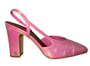 Chanel 26K Pink Iridescent Crocodile Croc Coco Slingback Block Heel Pump 37.5c